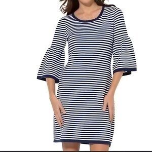 Sail To Sable Size L Navy & White Striped 3/4 Bell Sleeve Nautical Mini Dress